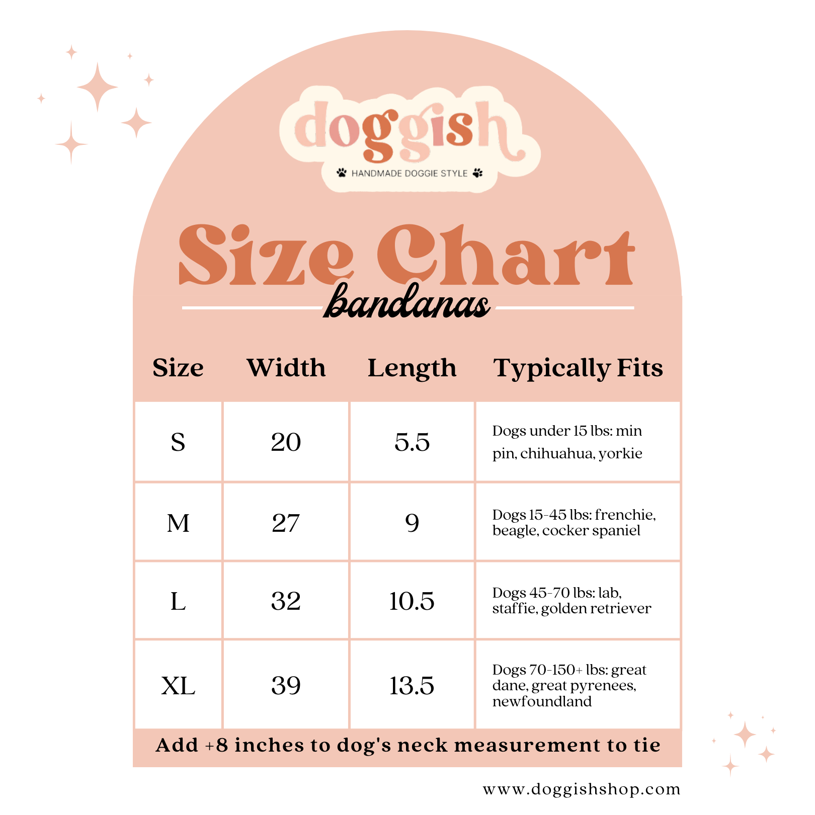 Doggish Size Chart for bandanas with dimensions and fitting information.