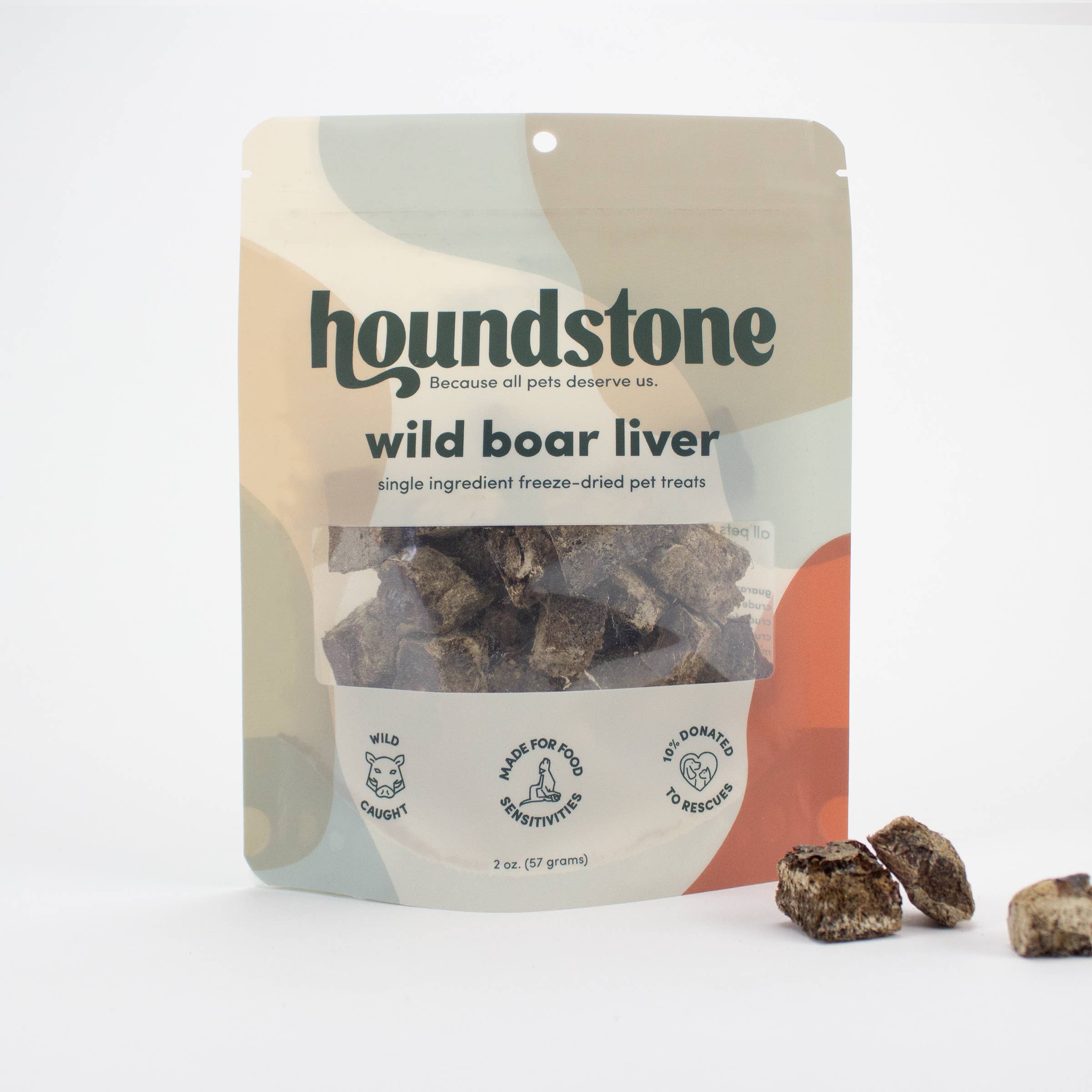 Houndstone wild boar liver freeze-dried pet treats packaging on a white background.