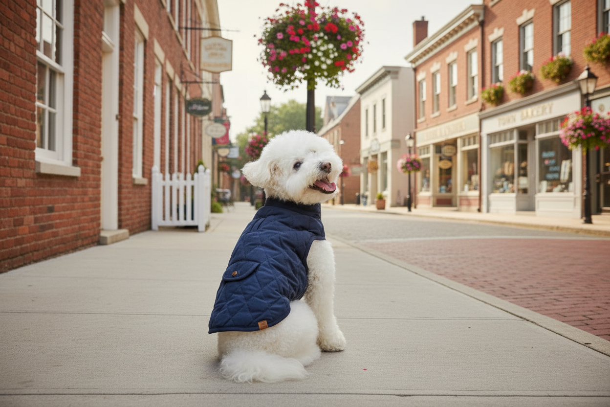 Small white dog wearing a blue puffer vest on a sidewalk with brick buildings and streetlights in the background.