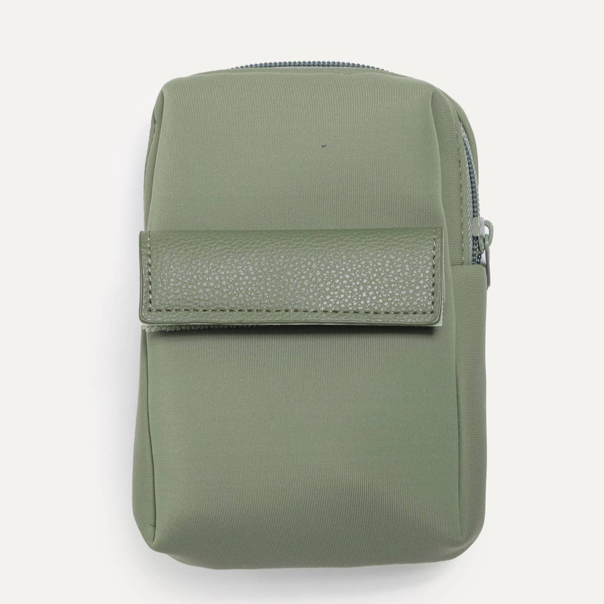 Back of sage colored pouch with pocket.