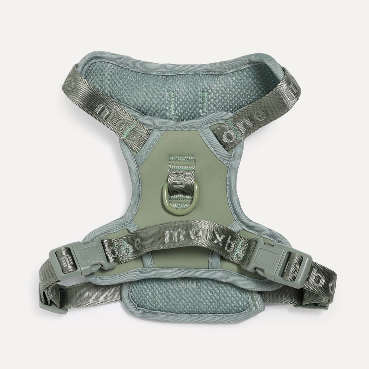 A green easy fit dog harness on a white background.