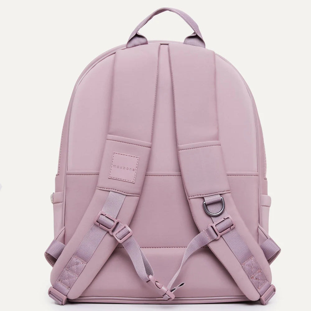Back view showing straps and D-ring on a dusty mauve backpack dog carrier.