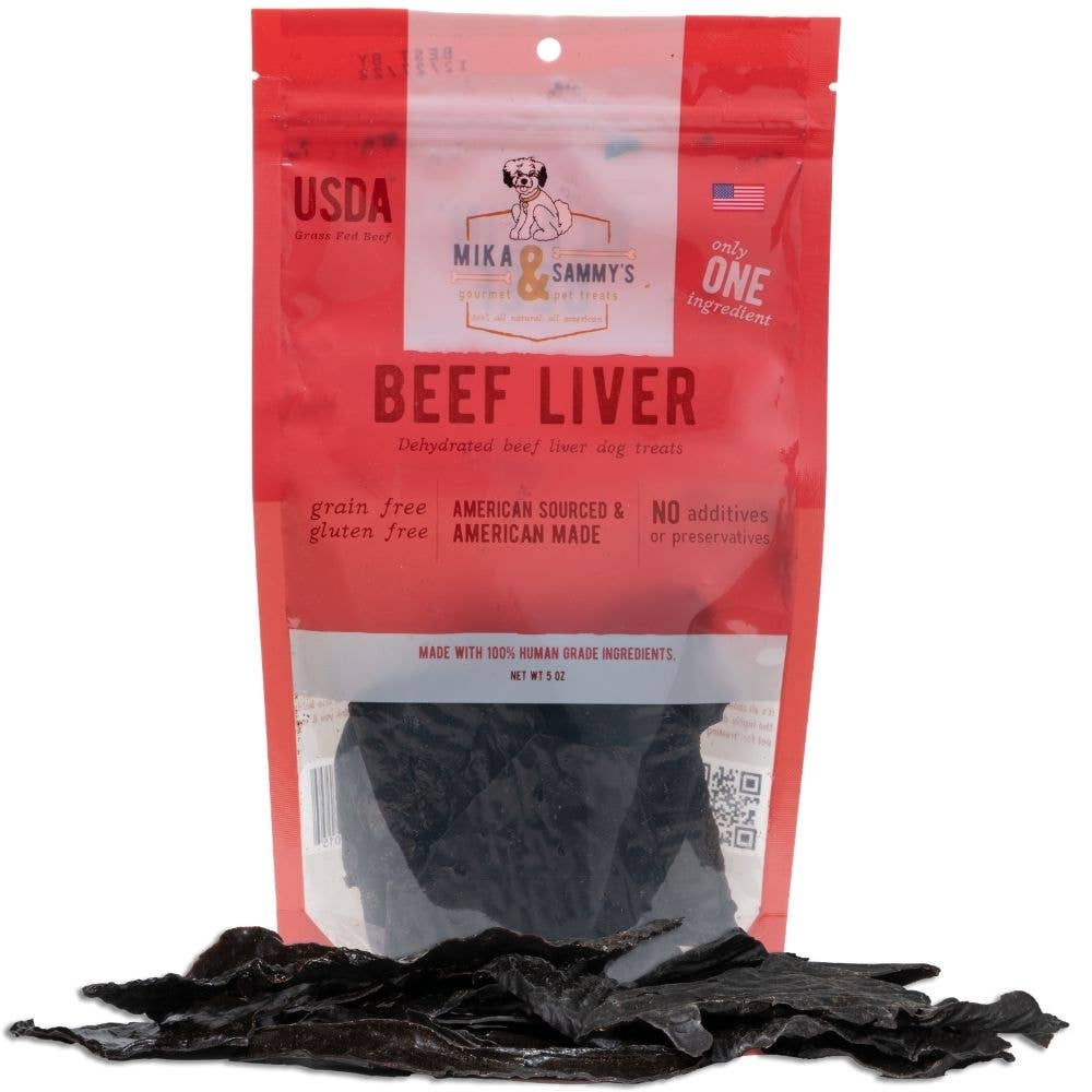 A red and white pouch of Mika & Sammy's all natural beef liver dog treats.