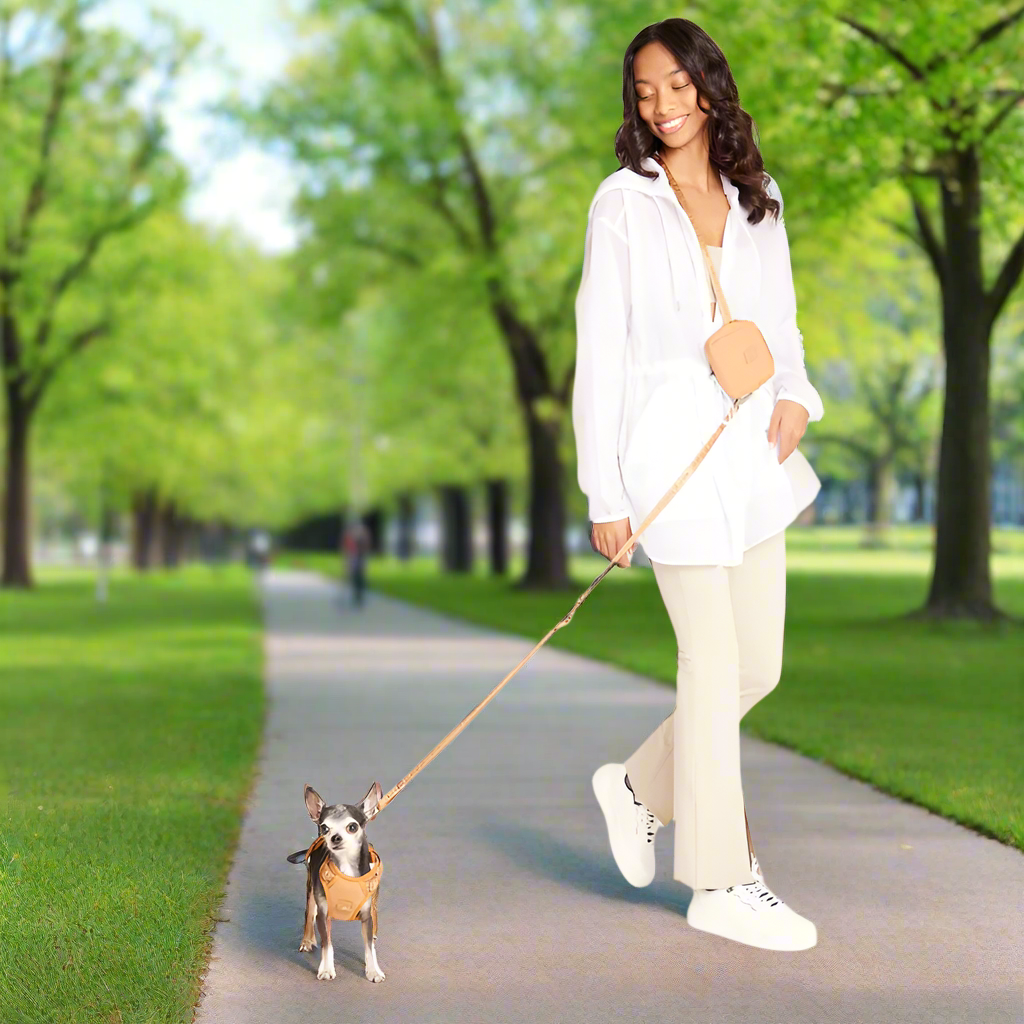 A woman walking in the park with a small dog on a hands-free leash.