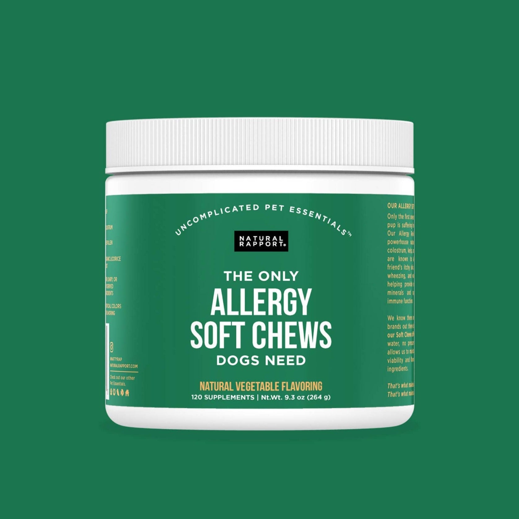 A white jar with a green label containing Natural Rapport's allergy soft dog chews.