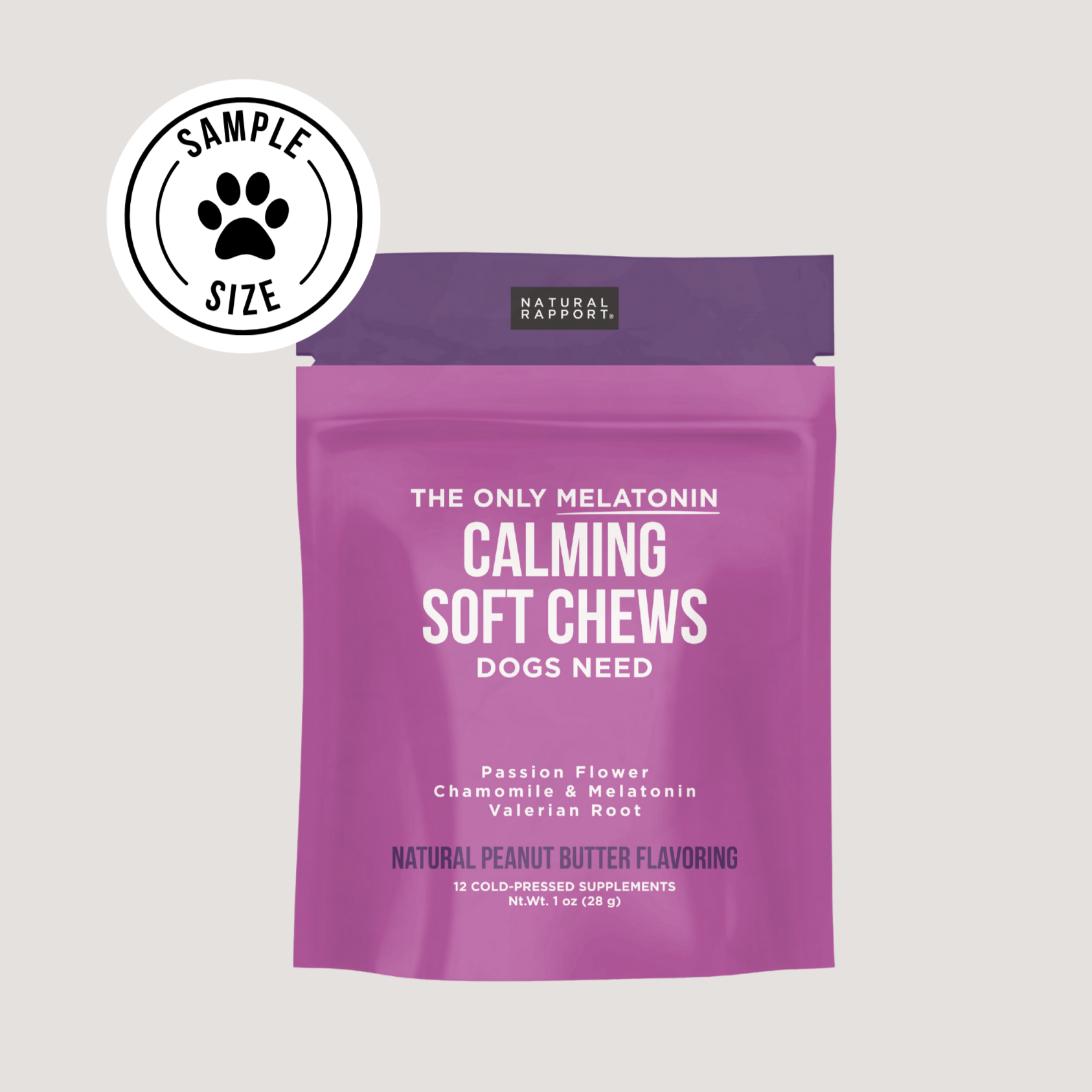 A maroon pouch of melatonin calming soft chews with a "sample size" sticker on a white background.