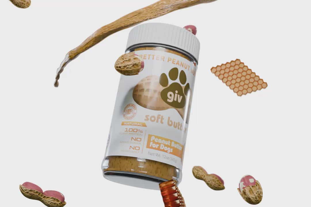 A spinning jar of Giv's peanut butter for dogs, surrounded by flying honeycombs and peanuts.