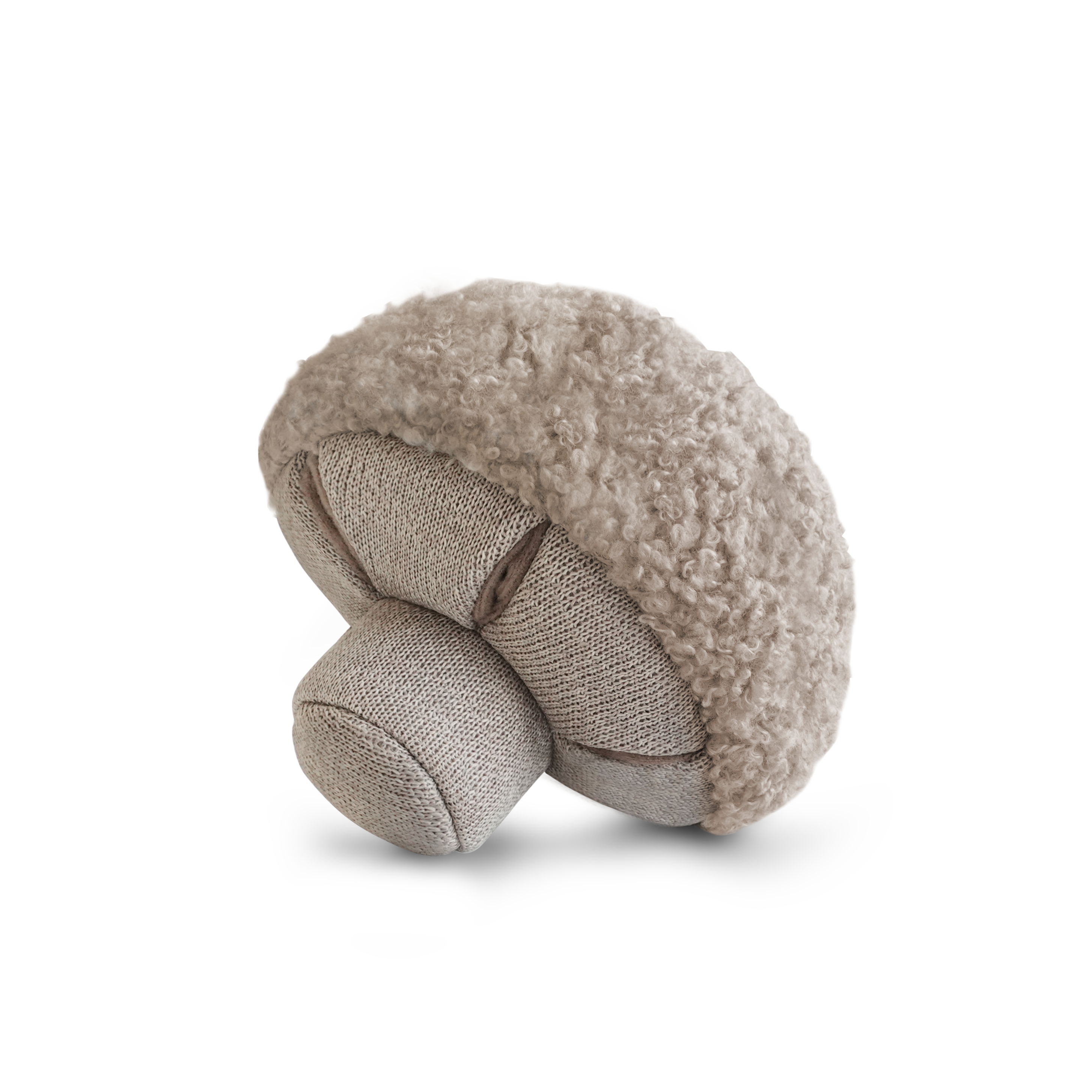 A fabric mushroom dog toy with pockets underneath the cap for hiding dog treats.