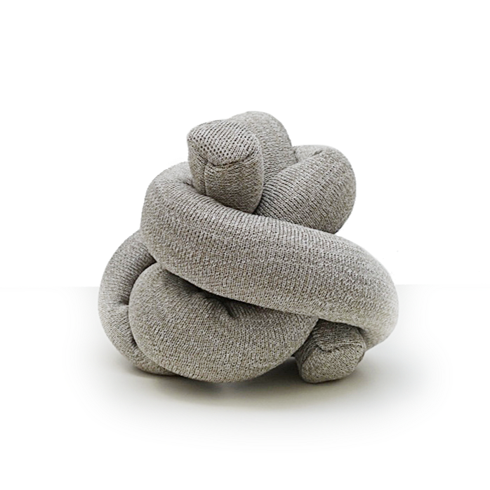 A gray, fabric, rope-like dog toy that is tied in a knot.