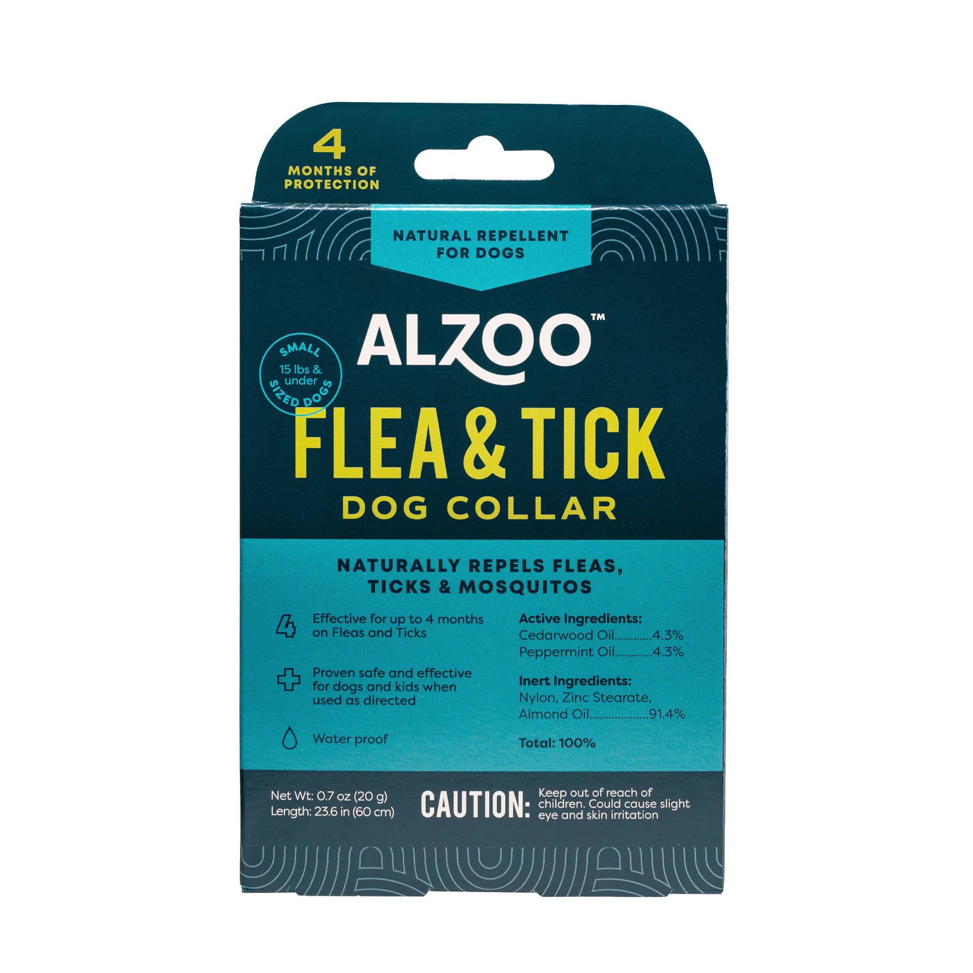 The blue and green box of Alzoo's natural flea and tick collar in size small.