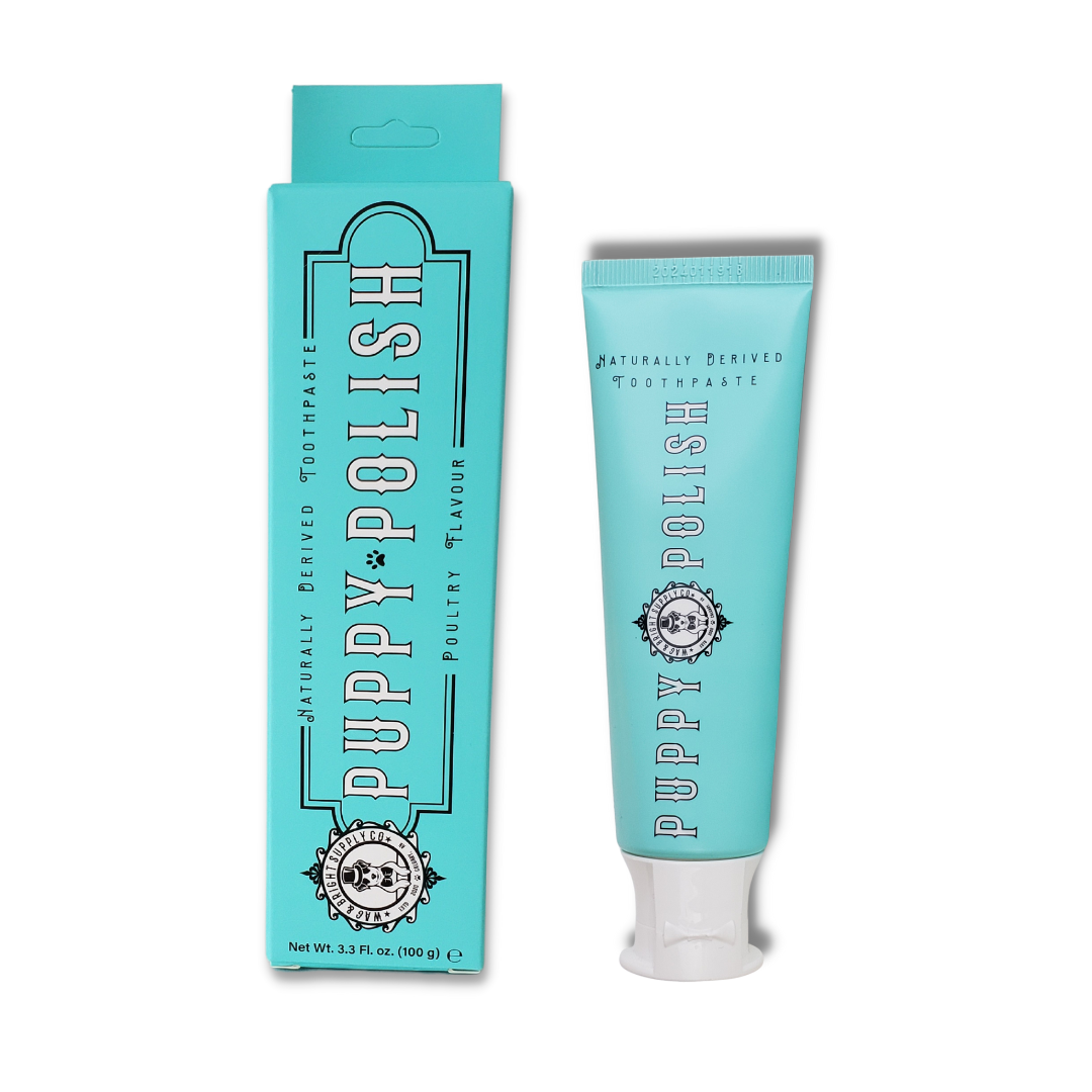 Picture of a blue tube of puppy polish toothpaste and its box on a white background.