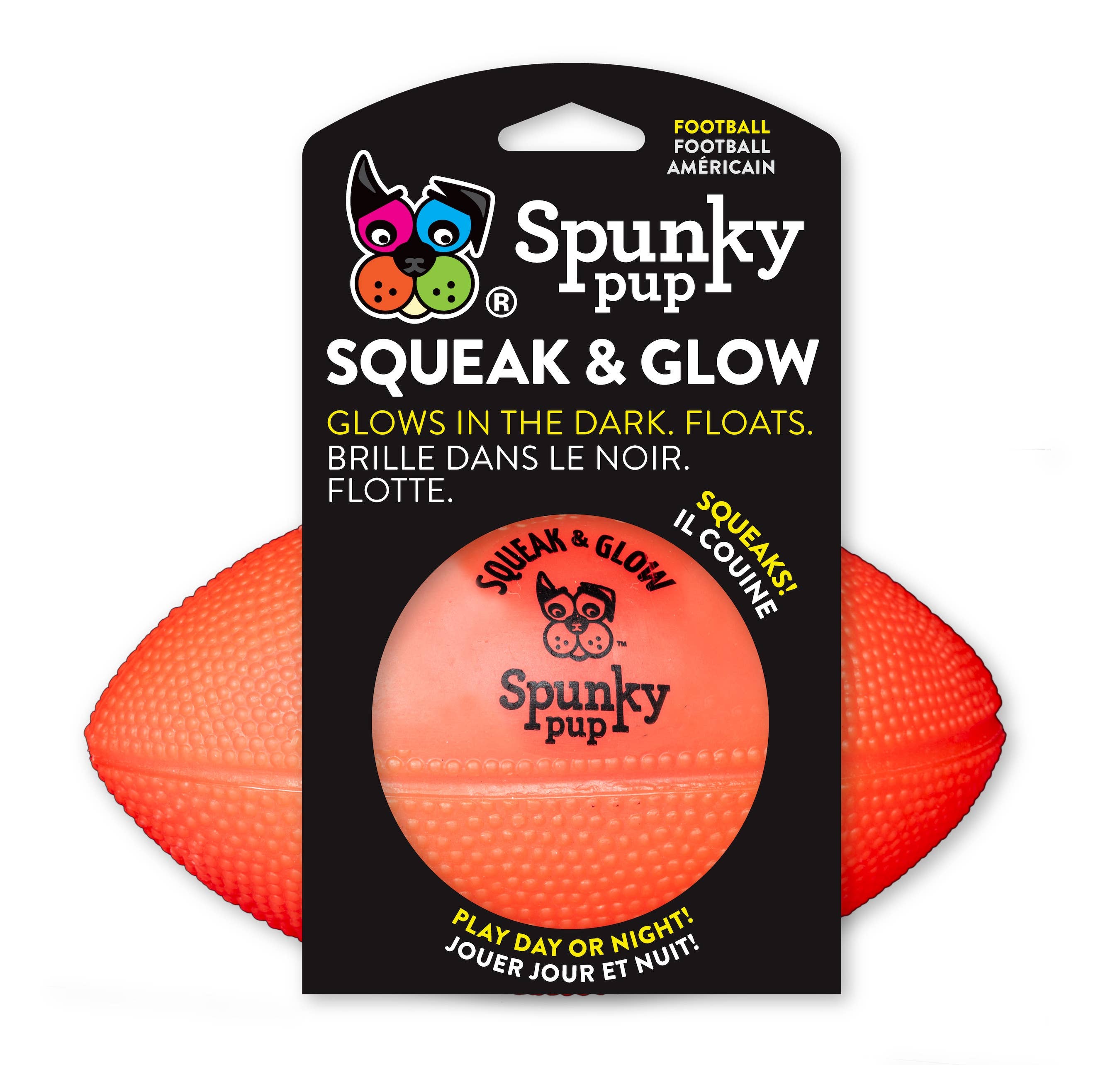 An orange squeak and glow toy shaped like a football, packaged with a Spunky Pup branding on the top. The toy is designed to float and glow in the dark.