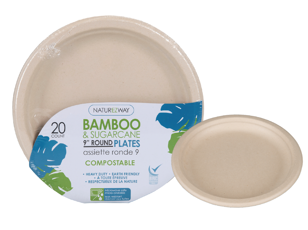 NatureZway - 20 PACK, 9" Bamboo & Sugarcane Compostable Round Plates