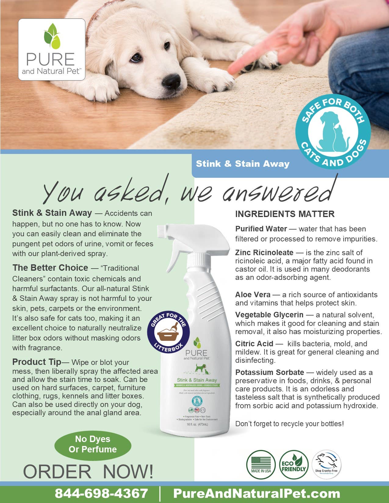 Pure and Natural Pet - Stink & Stain Away Spray - Pet Odor Remover