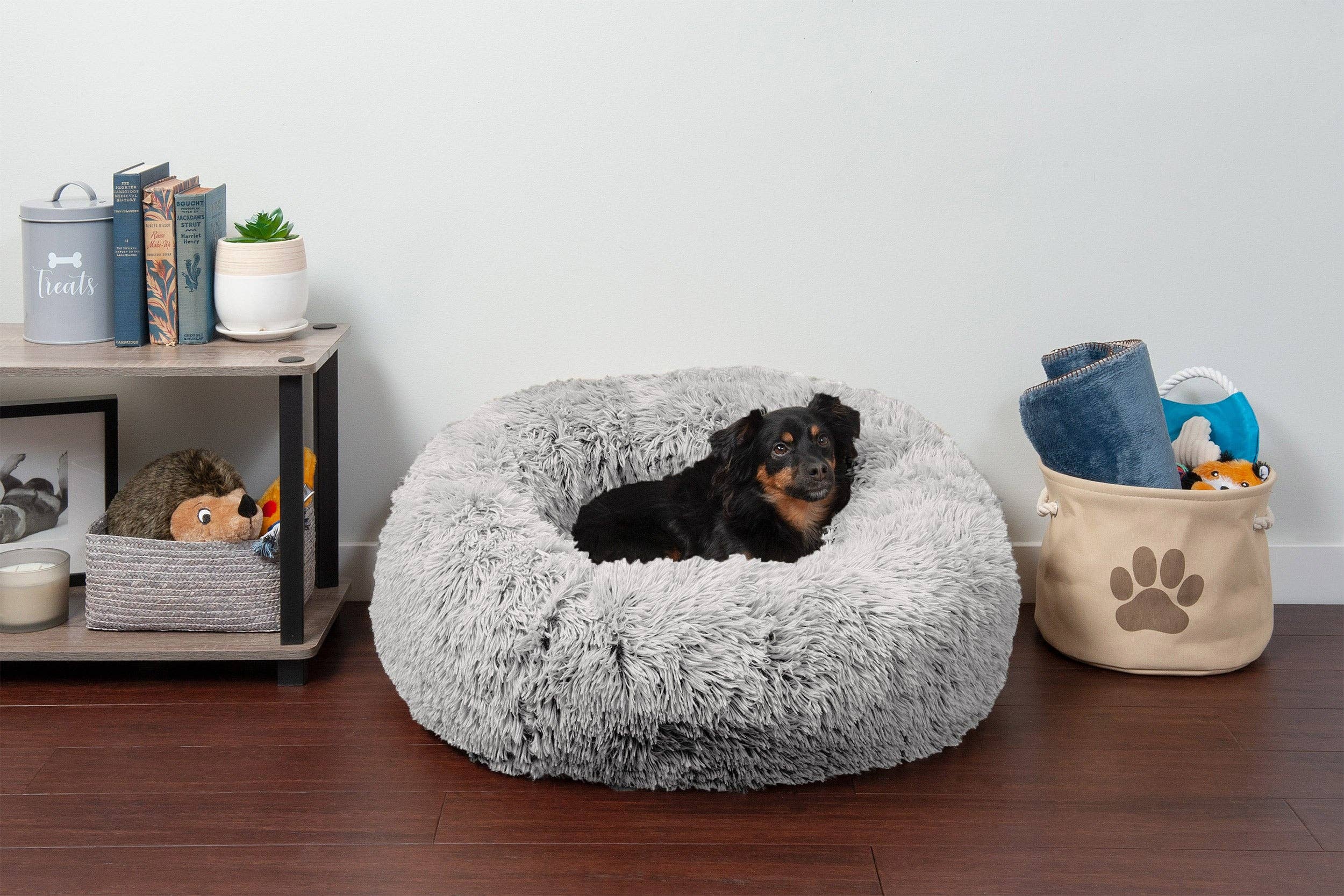 Calming Cuddler Long Fur Donut Dog Bed: Gray