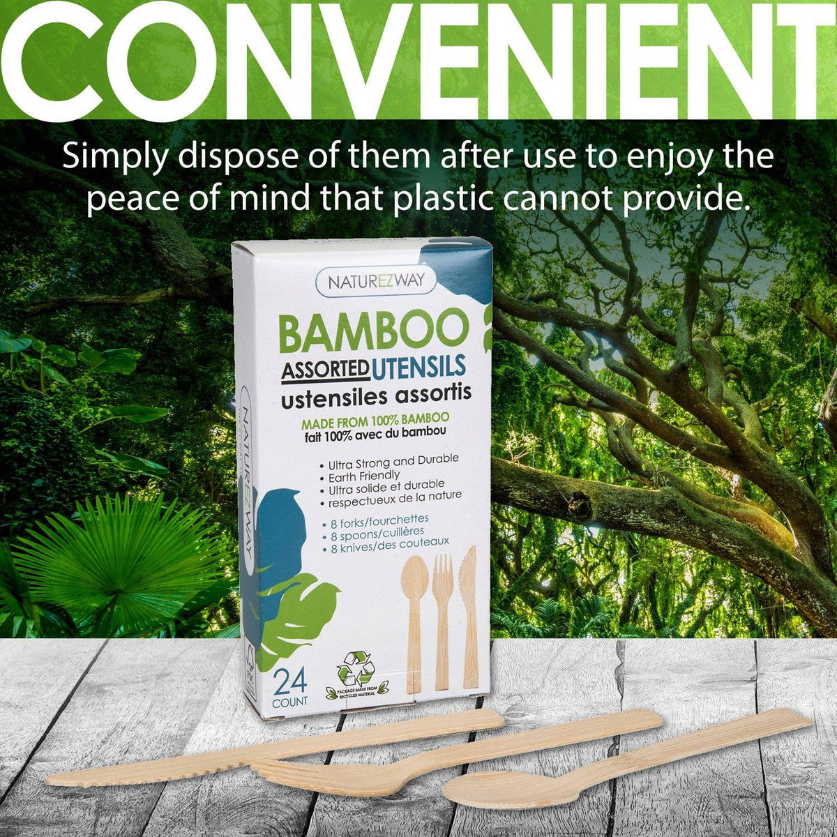 NatureZway - 24 PACK, Bamboo Disposable Cutlery - Disposable- Reusable