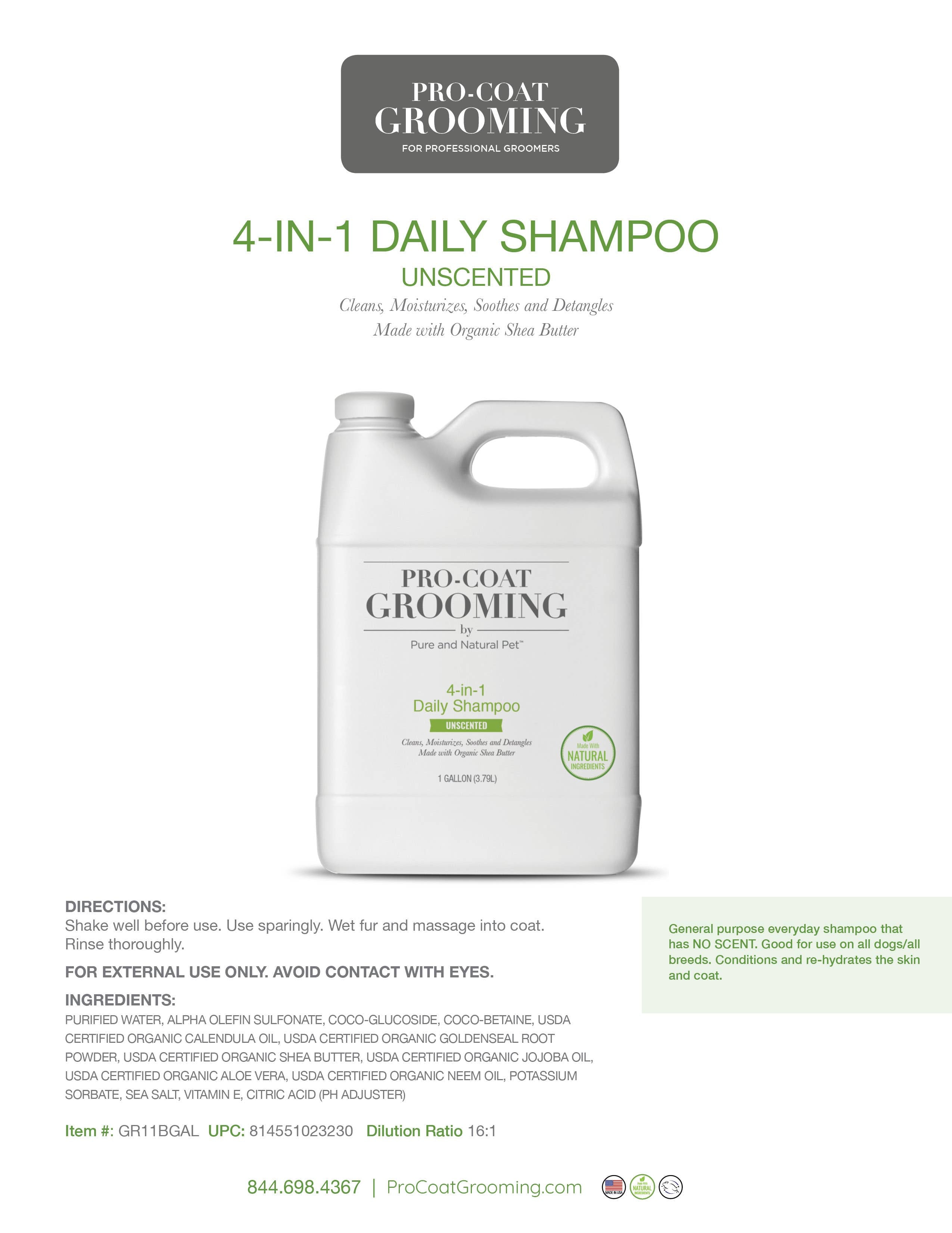 Pure and Natural Pet - 4-in-1 Daily Shampoo for Dogs (Unscented) - 1 Gallon