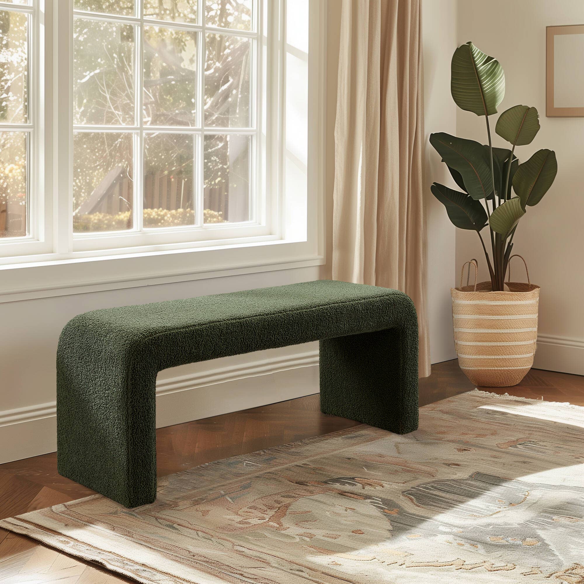 Olliix - 52"W Modern Boucle Waterfall Bench, Green *