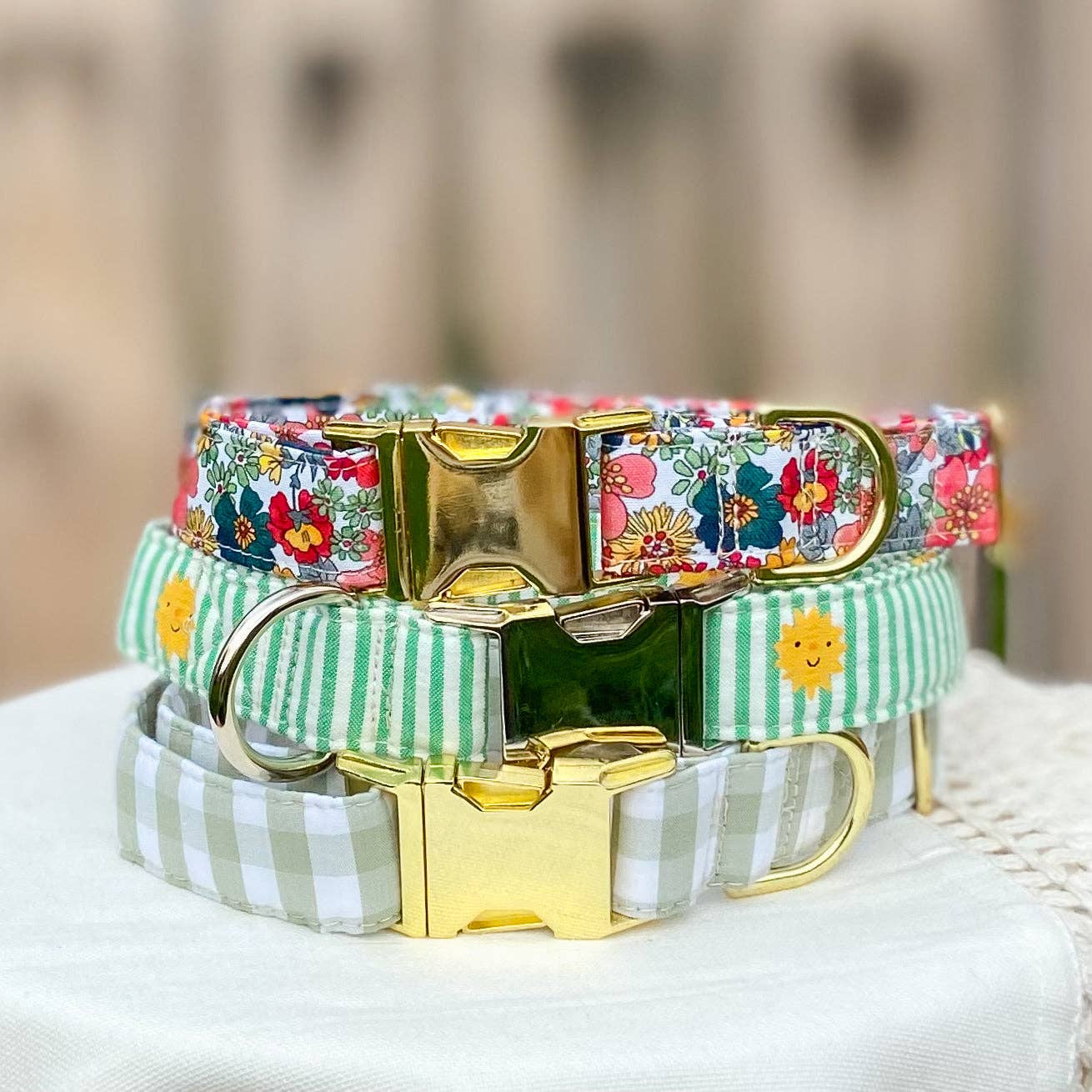 doggish - Sage green plaid spring dog collar with gold metal hardware