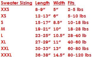 Sweater sizing chart with dimensions and weight ranges.
