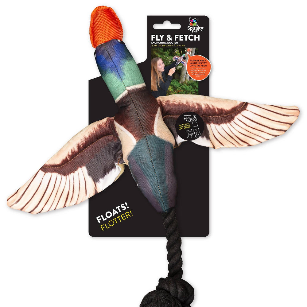 Fly and fetch dog toy shaped like a duck on a white background.