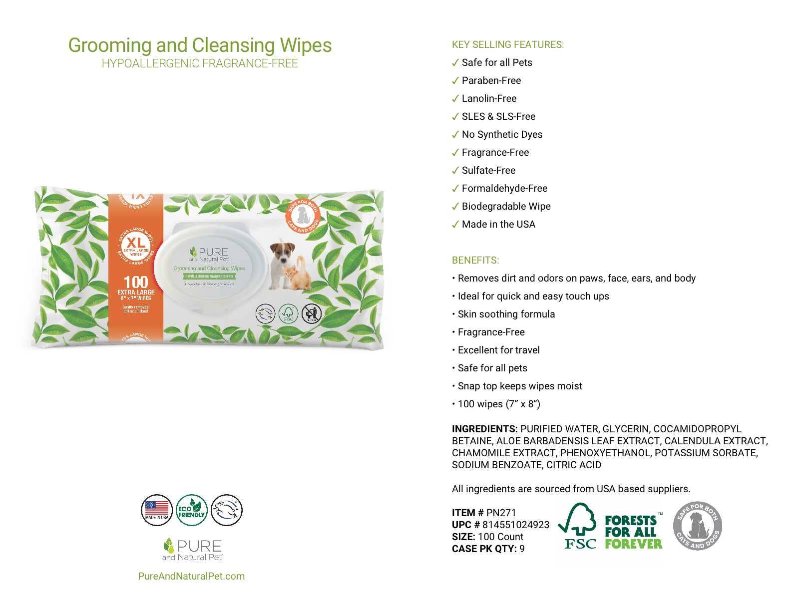 Package of Grooming and Cleansing Wipes with features and benefits listed on a white background