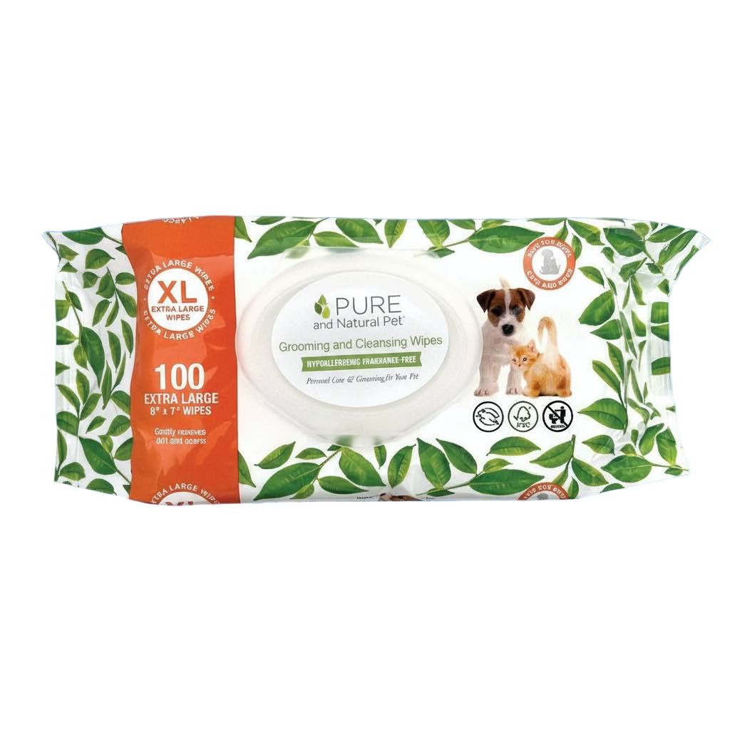 Package of Pure Grooming and Cleansing Wipes for pets on a white background.