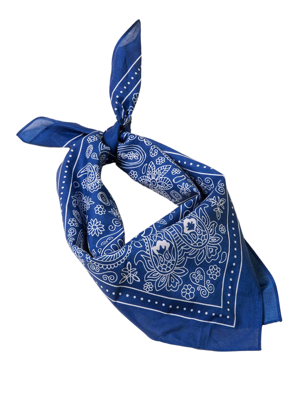 Blue dog bandana with white patterns on a beige background