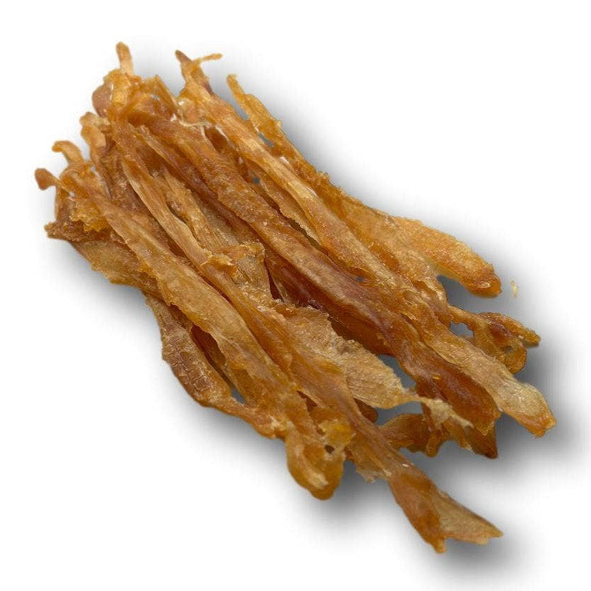 Turkey tendon dog chews on a white background.