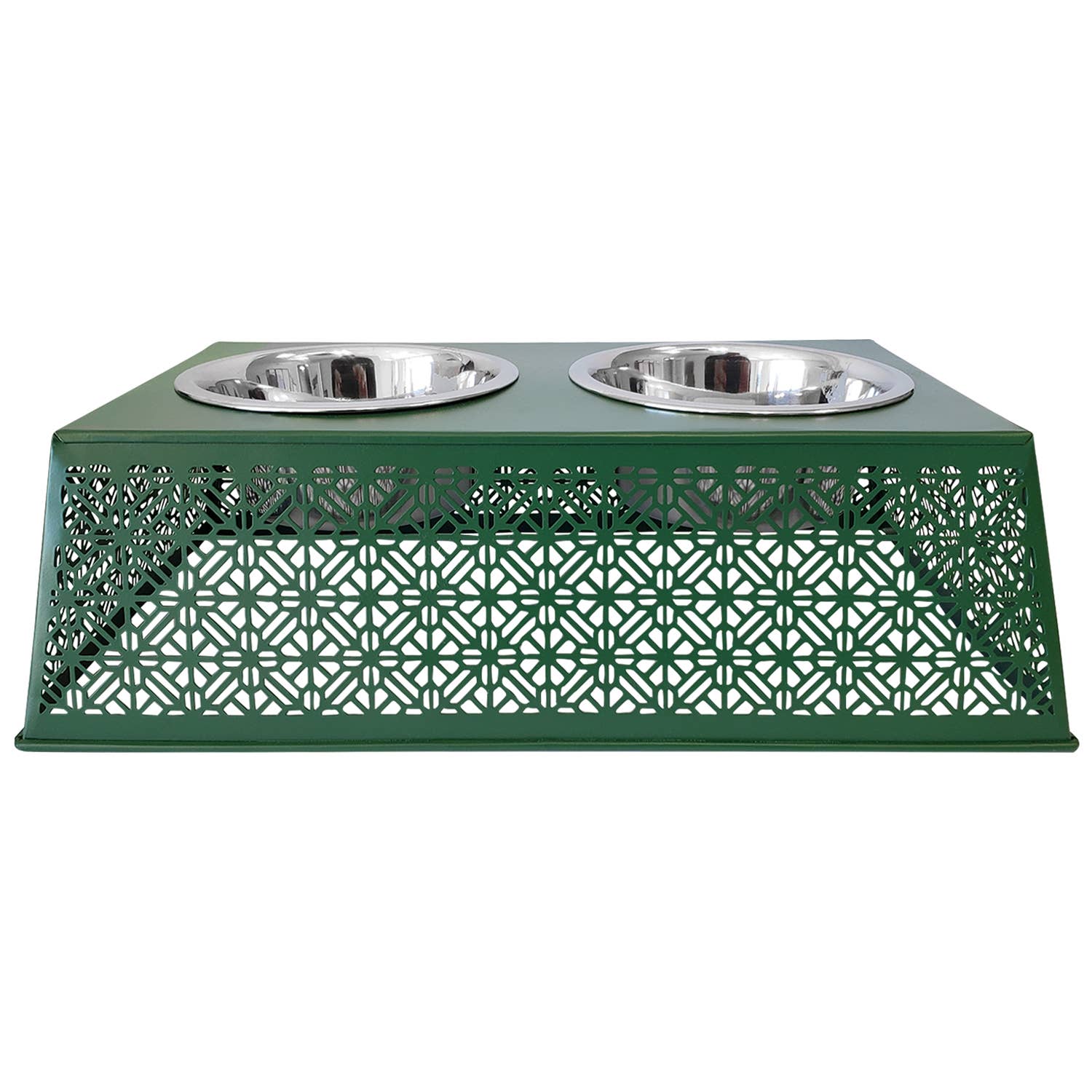 Front view of green, laser-cut pet feeding station with two stainless steel bowls on a white background.