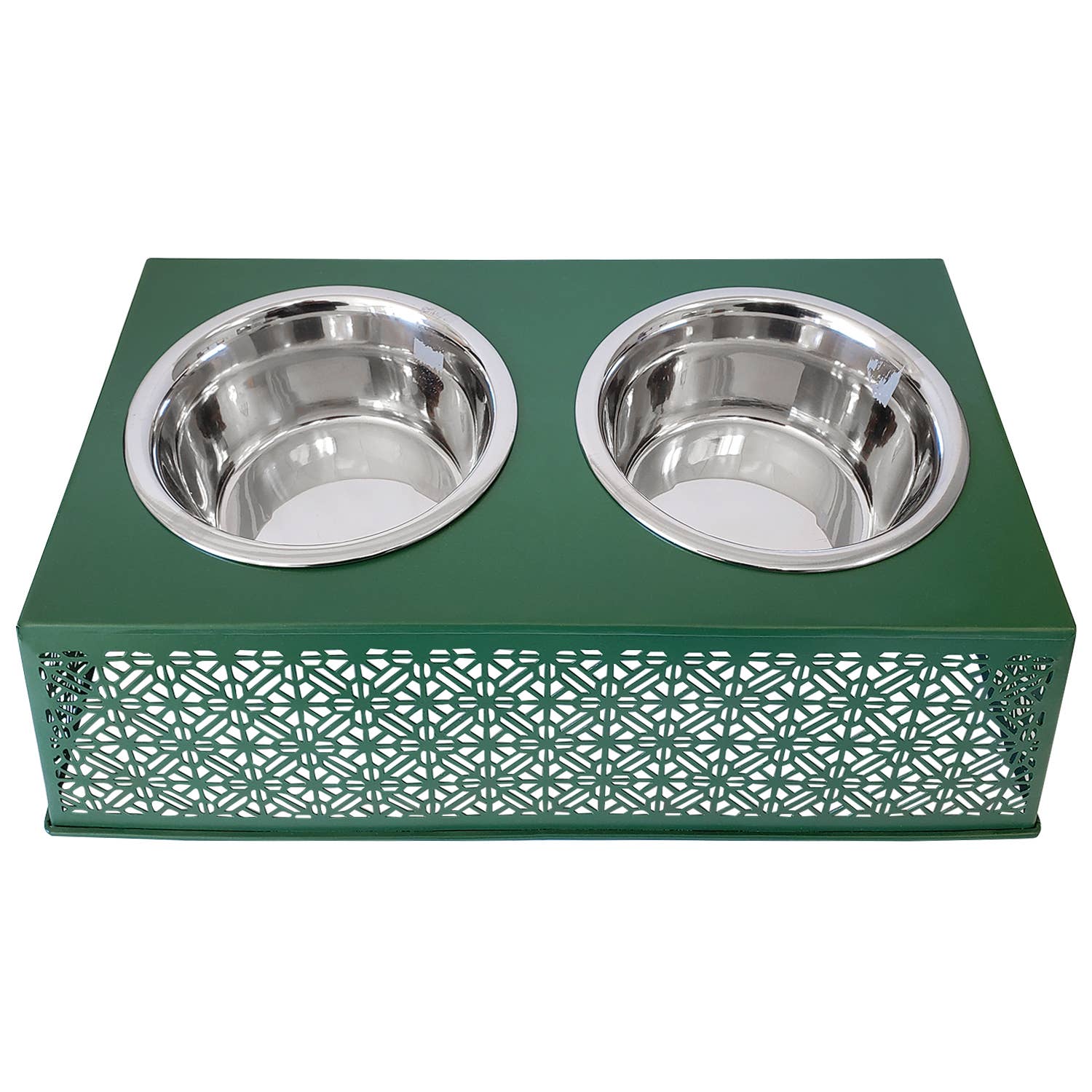 Green, elevated pet feeding station with two stainless steel bowls on a white background.