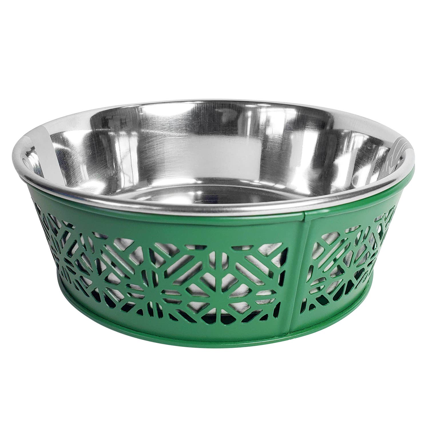 Stainless steel dog bowl with green laser cut base on a white background