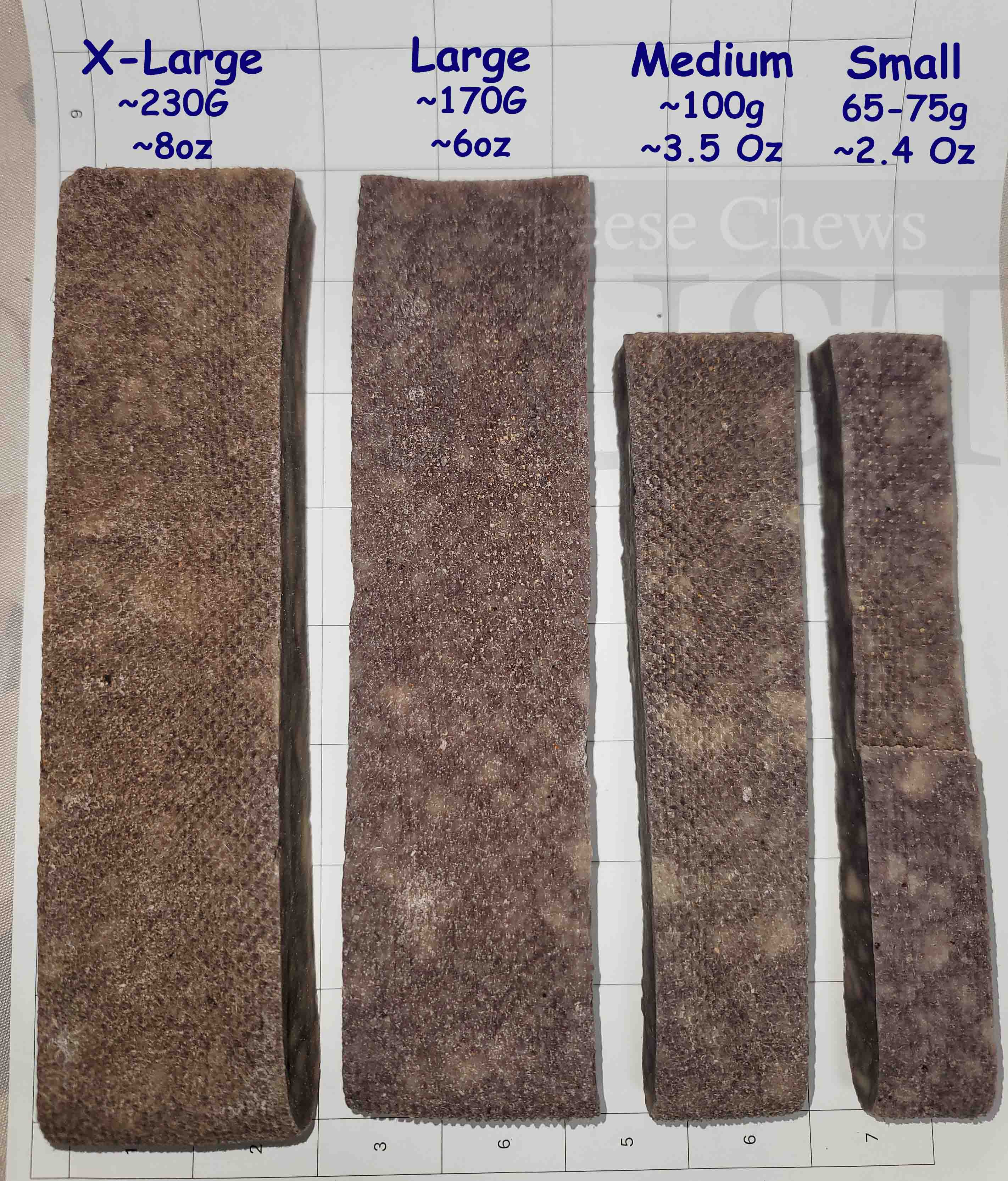 Four dog chew toys of different sizes with measurements on a white background