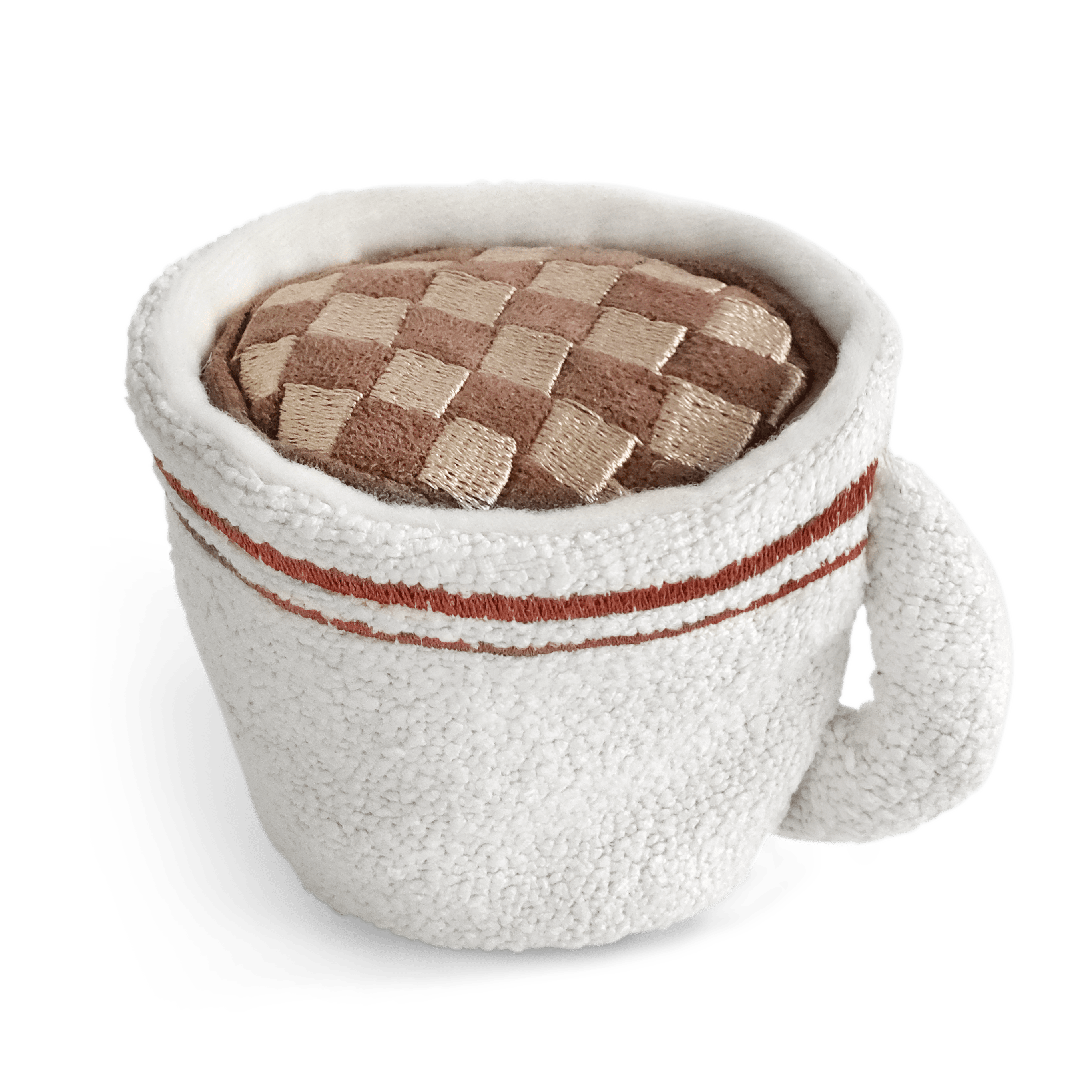 A plush dog toy designed to look like a white coffee cup with a brown checkered pattern inside.