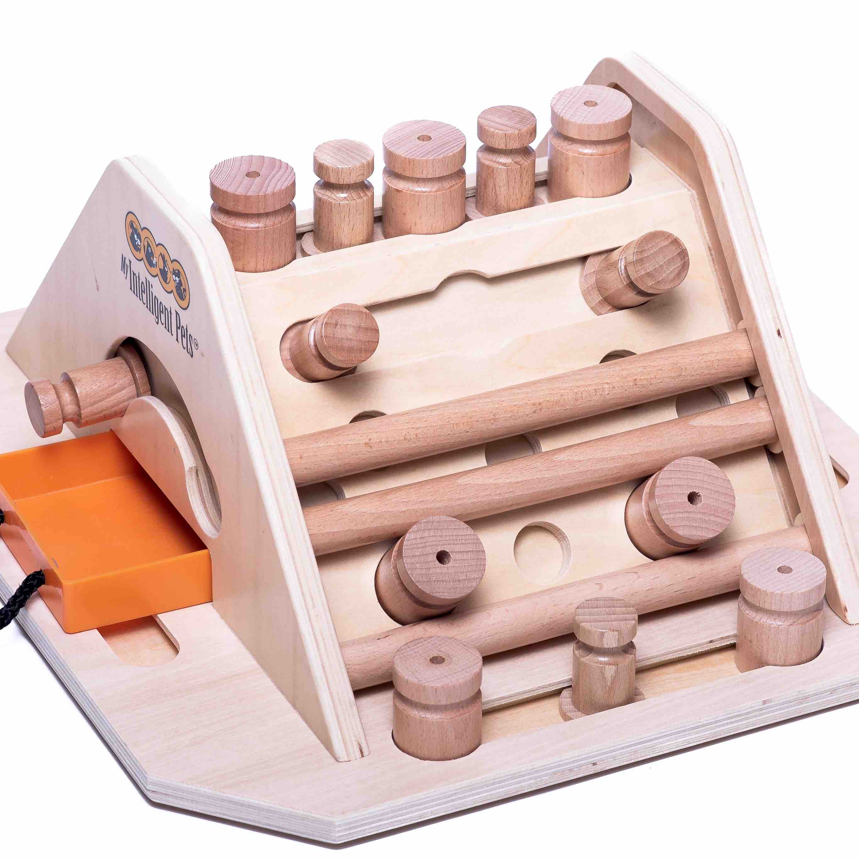 A wooden pyramid puzzle toy on a white background.