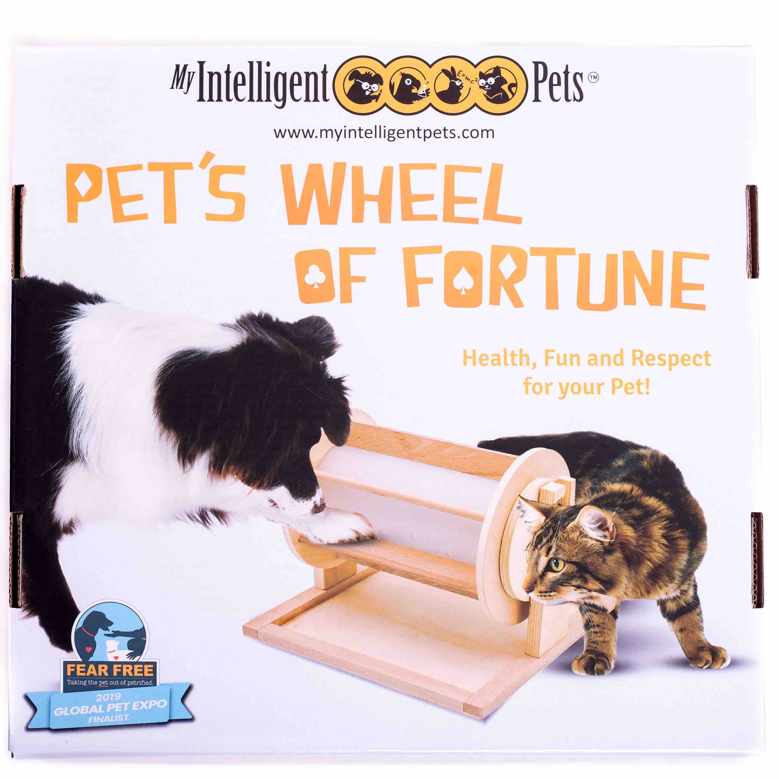 Product packaging for 'Pet's Wheel of Fortune' by My Intelligent Pets with images of a dog and cat.