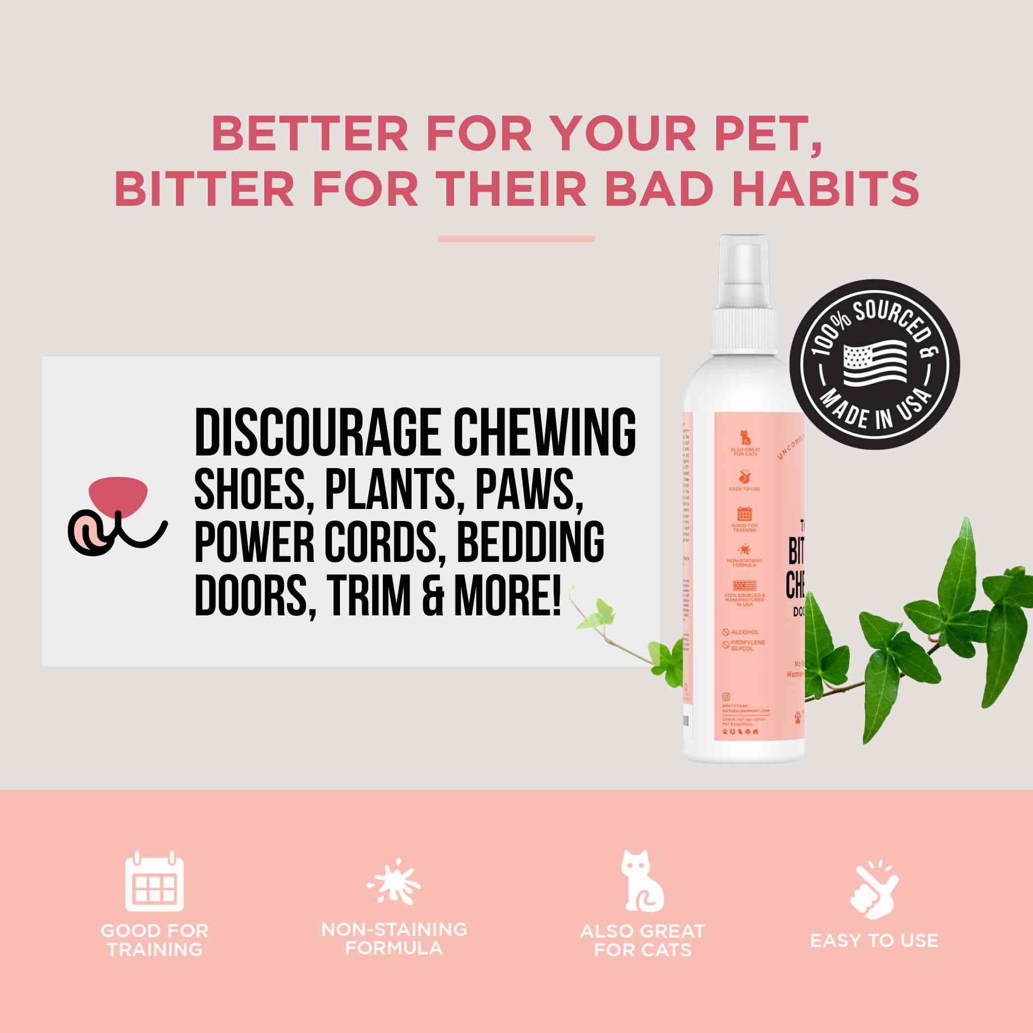 Product advertisement for a pet deterrent spray with text on a light pink background.