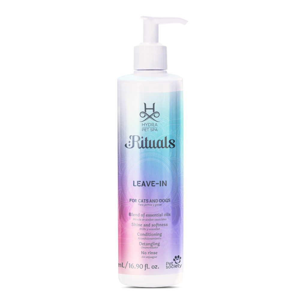Bottle of Hydra Rituals leave-in conditioner for pets on a white background.