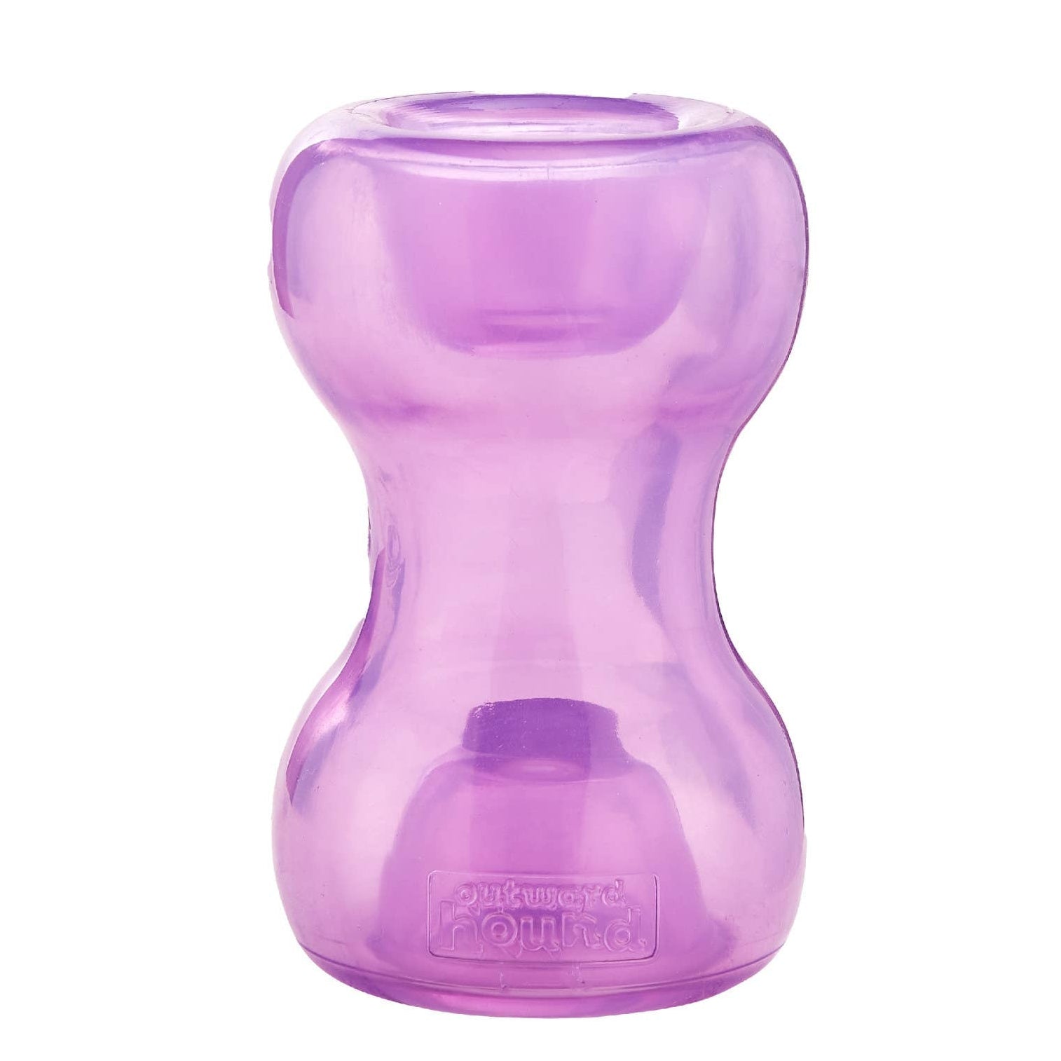 Purple plastic interactive dog toy on a white background.