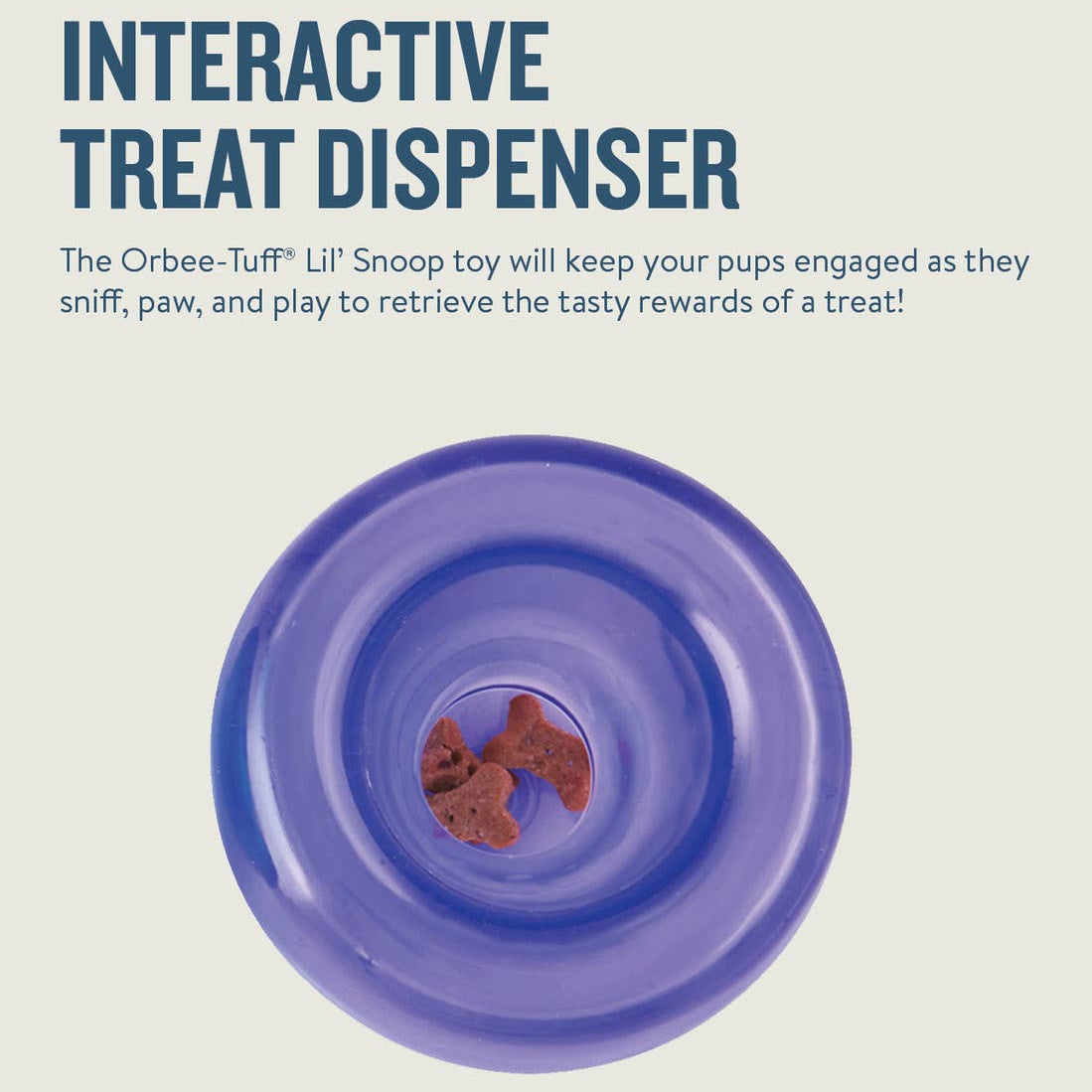 Purple interactive treat dispenser with treats inside on a light gray background