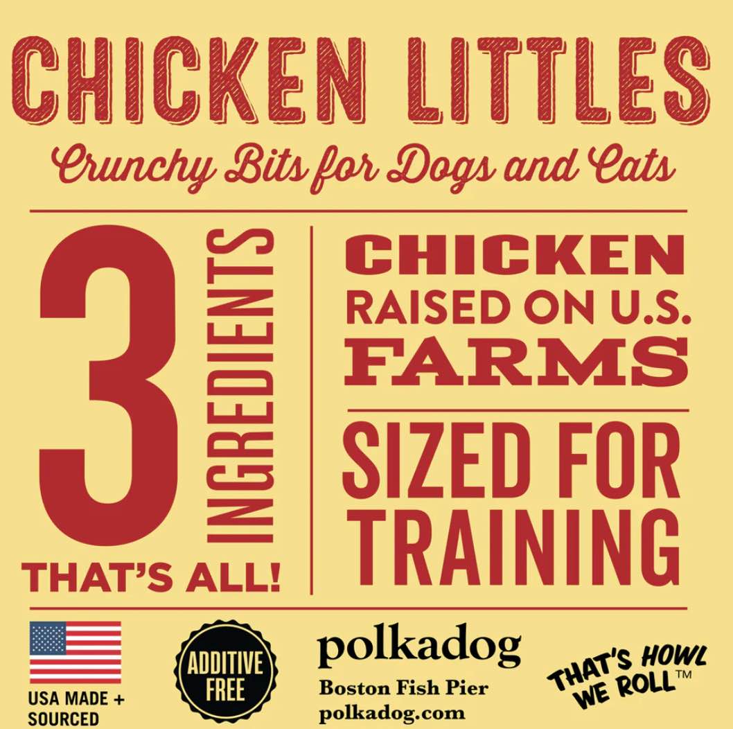 Chicken Littles crunchy bits for dogs and cats info with text and branding.
