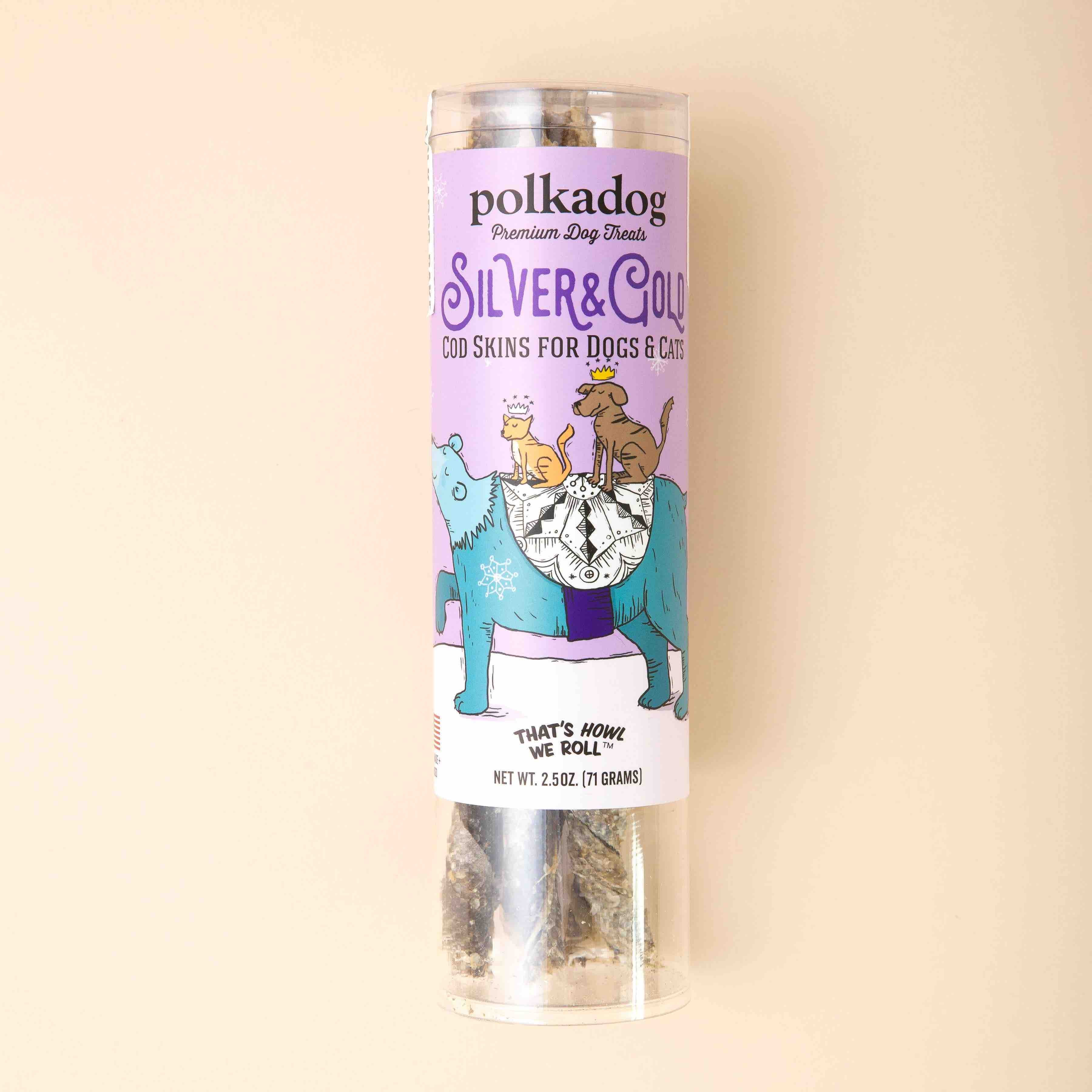 Polkadog Silver & Gold cod skin treat packaging on a beige background
