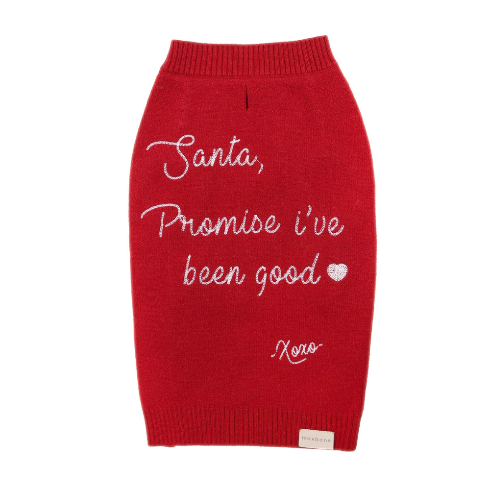 A red dog christmas sweater with a Christmas-themed message 'Santa, promise I've been good' and a heart symbol.