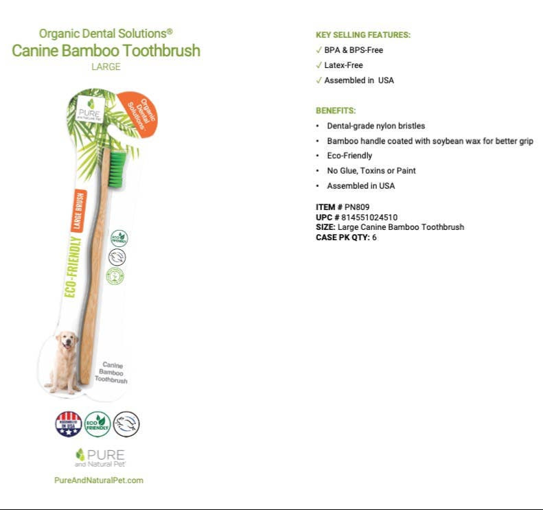 Canine Bamboo Toothbrush packaging with features and benefits listed on a white background.