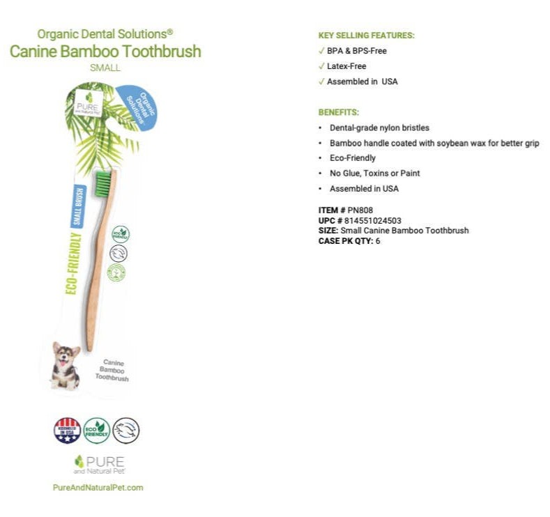 Organic dental solution for canines with a bamboo toothbrush on a white background