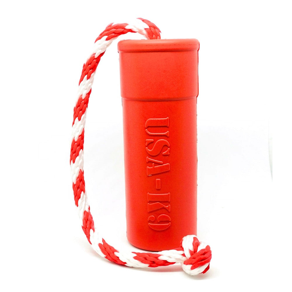 Red dog toy with 'USA K9' branding and a red and white rope on a white background.