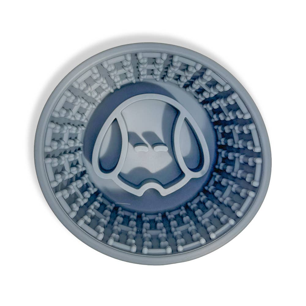 Gray silicone slow feeder dog bowl on a white background.