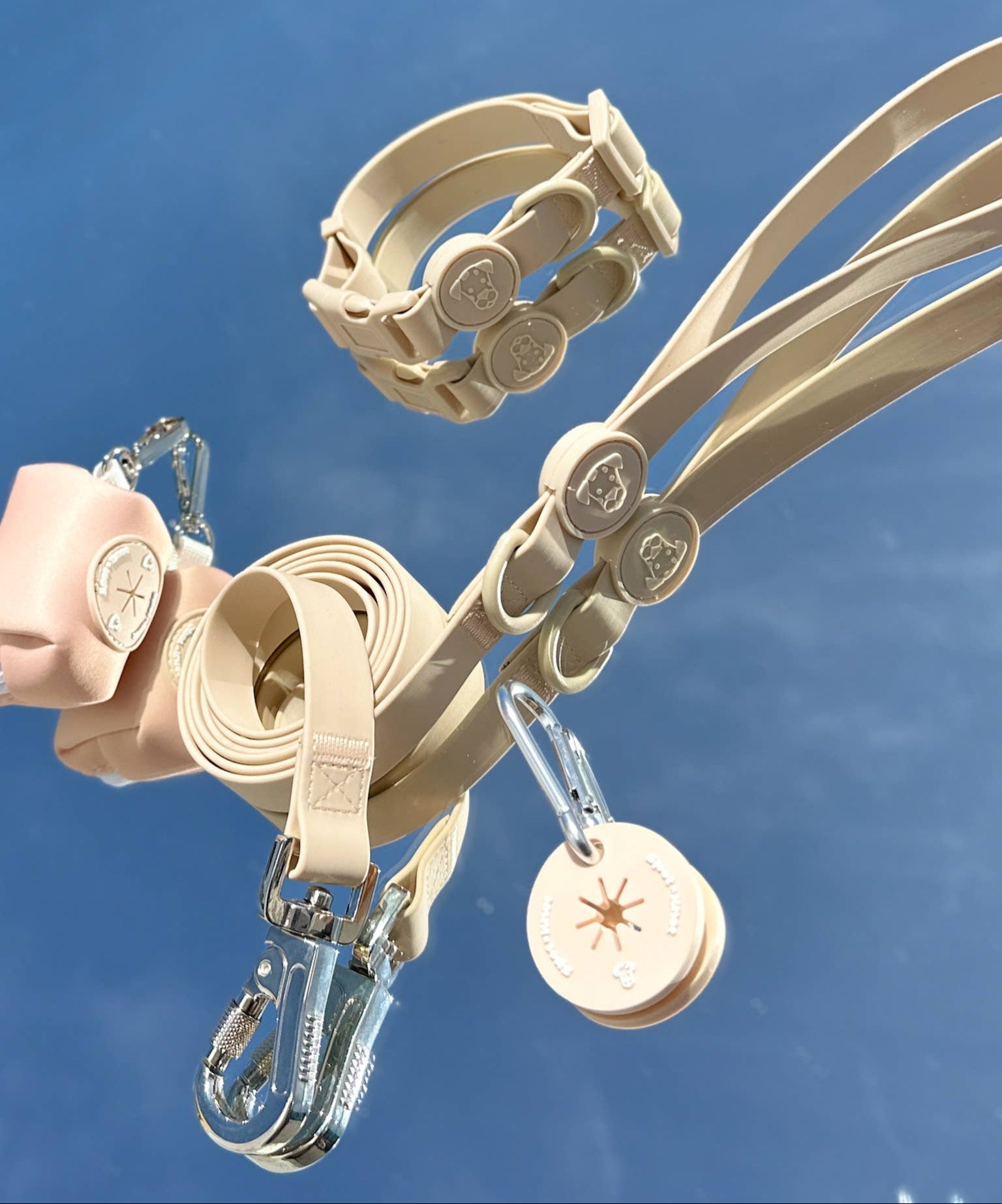 Beige dog leash, poop loop, poop bag holder and dog collar on a reflective background.