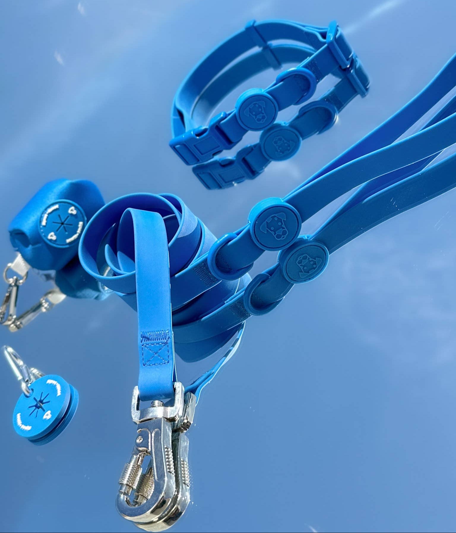 Bluedog leash, collar, poop loop, poop bag holder and clip set against a blue, reflective background.