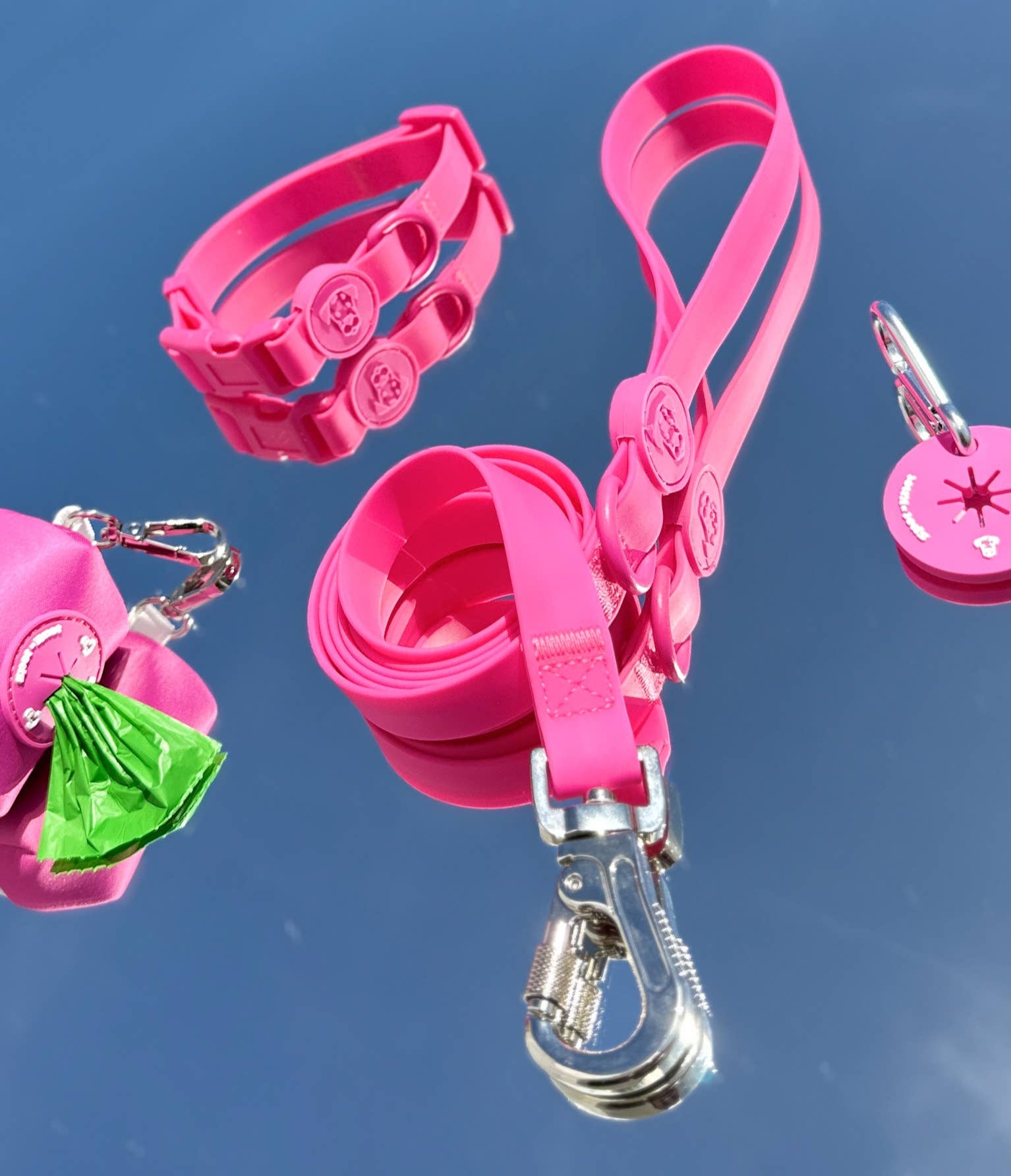 Pink dog leash, collar, poop loop, poop bag holder and clip set against a blue background.